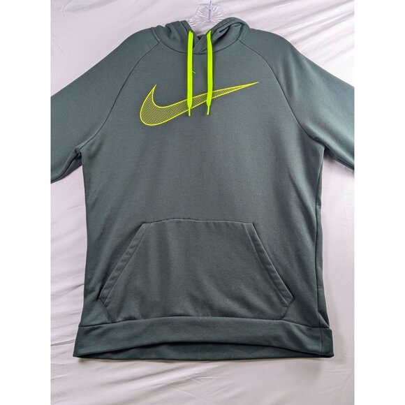 Nike Dri-Fit Hoodie Pullover Mens Large Green Neon Yellow Swoosh Front Pocket - Picture 6 of 13